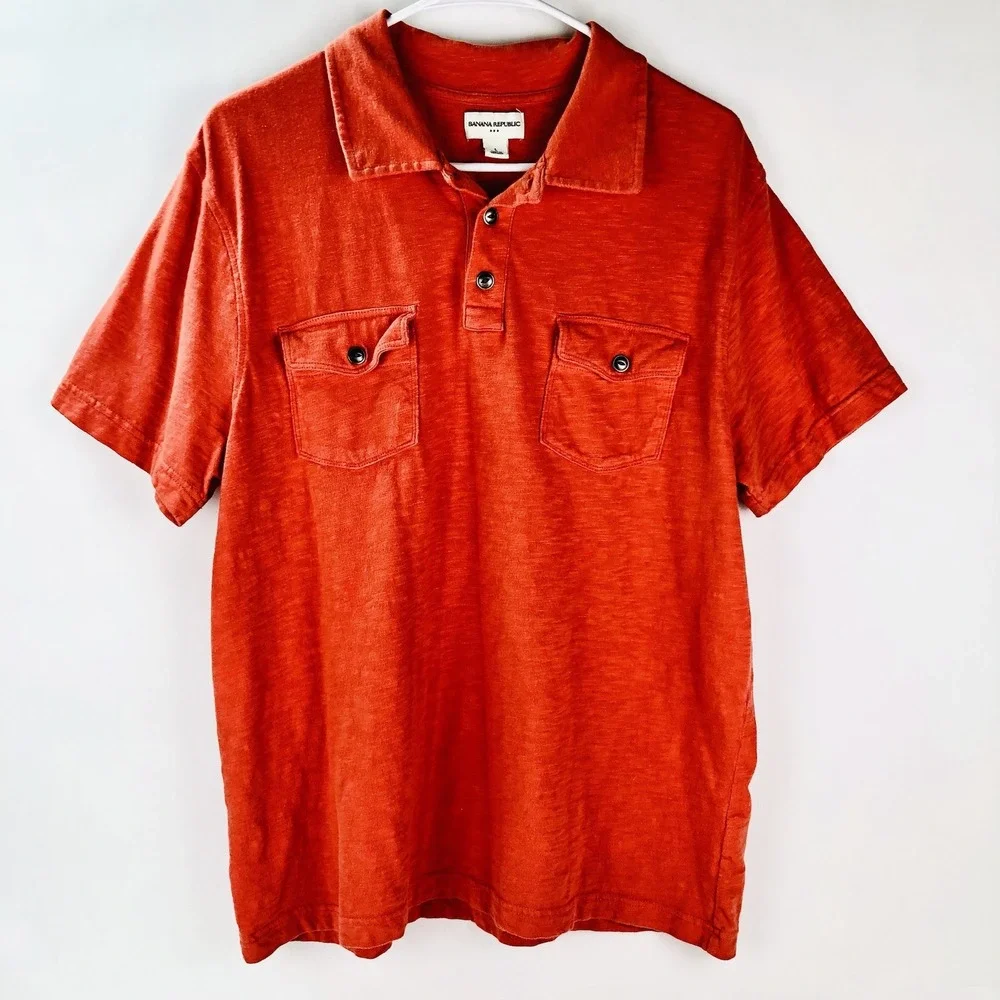 Banana Republic Mens Large L Polo 100% Cotton Golf Shirt Orange Heather Pocket